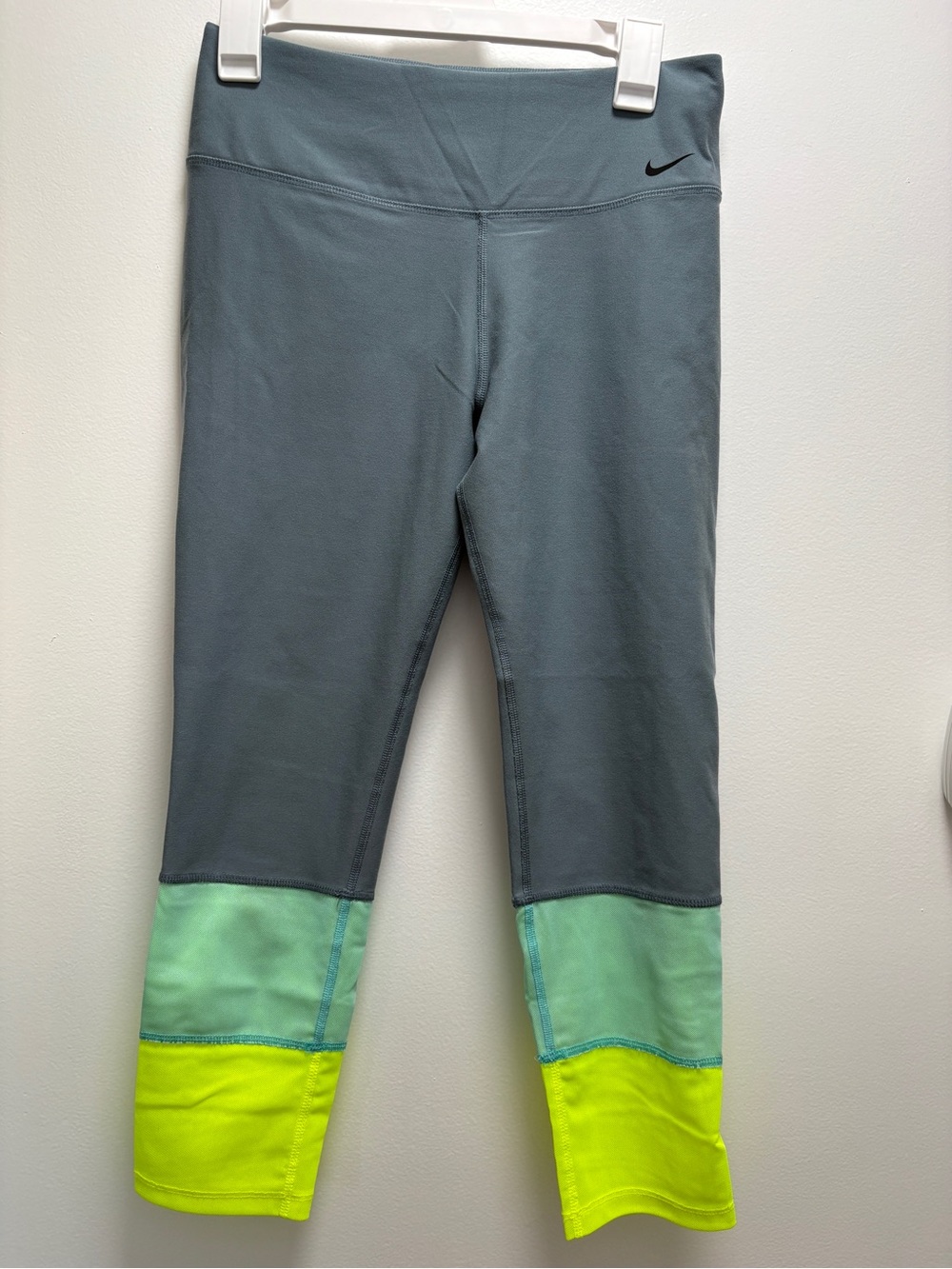 Nike Grey Capri Leggings with Green and Neon Yellow Panels